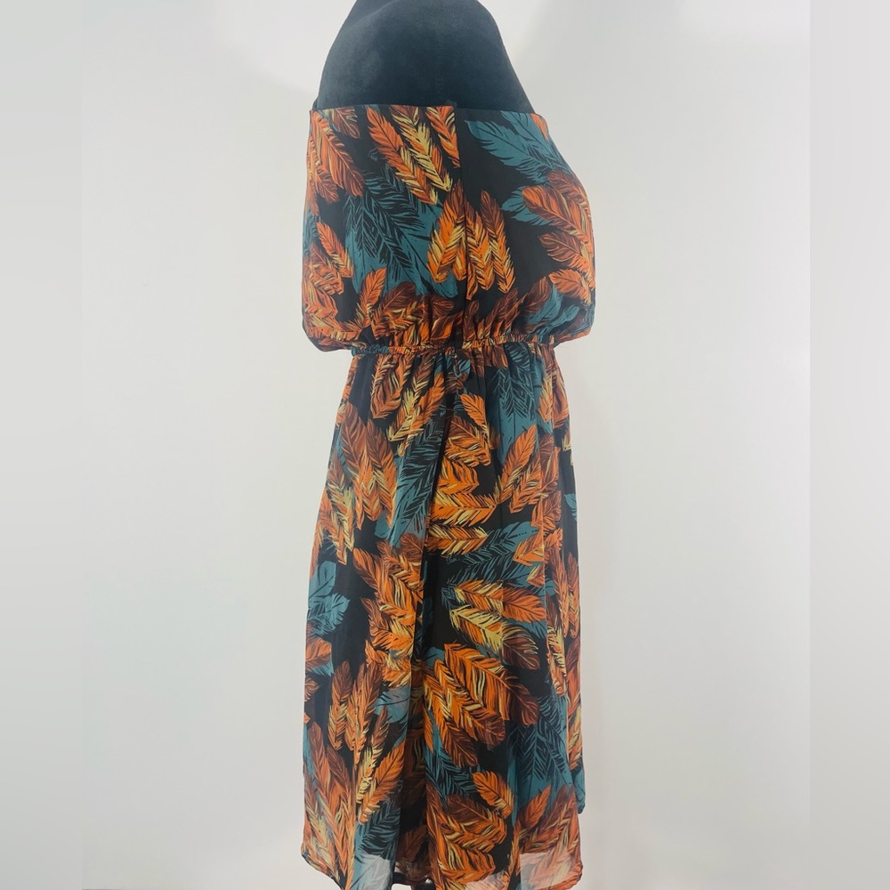 Francesca’s Small, multi fall colors, Black, feather, one shoulder sheer dress, - Picture 4 of 8